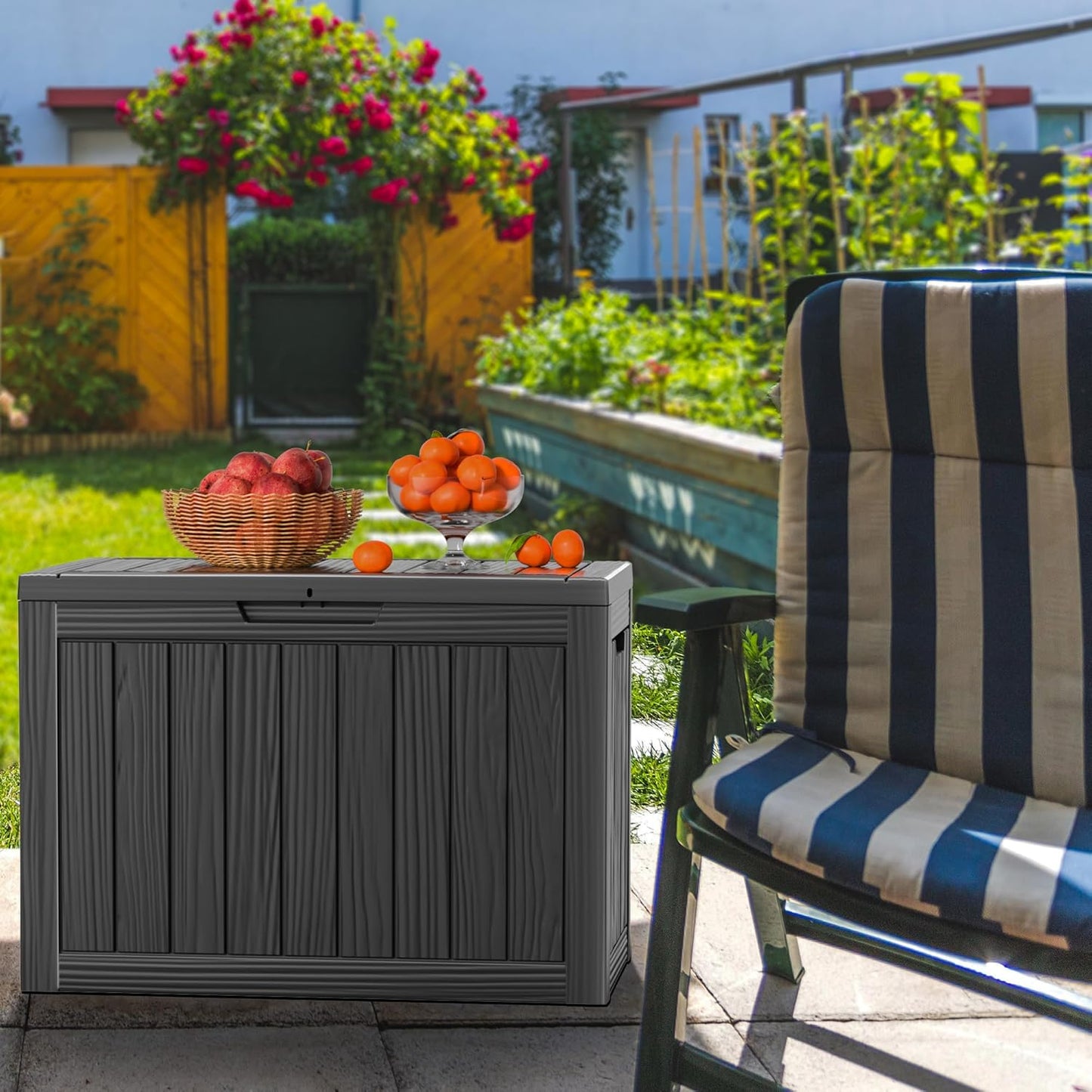 47 Gallon Outdoor Deck Box,Storage Lockable Waterproof Patio Furniture,Garden Tools,Cushions,Pool Accessories Outside Storage Resin Box(Black)