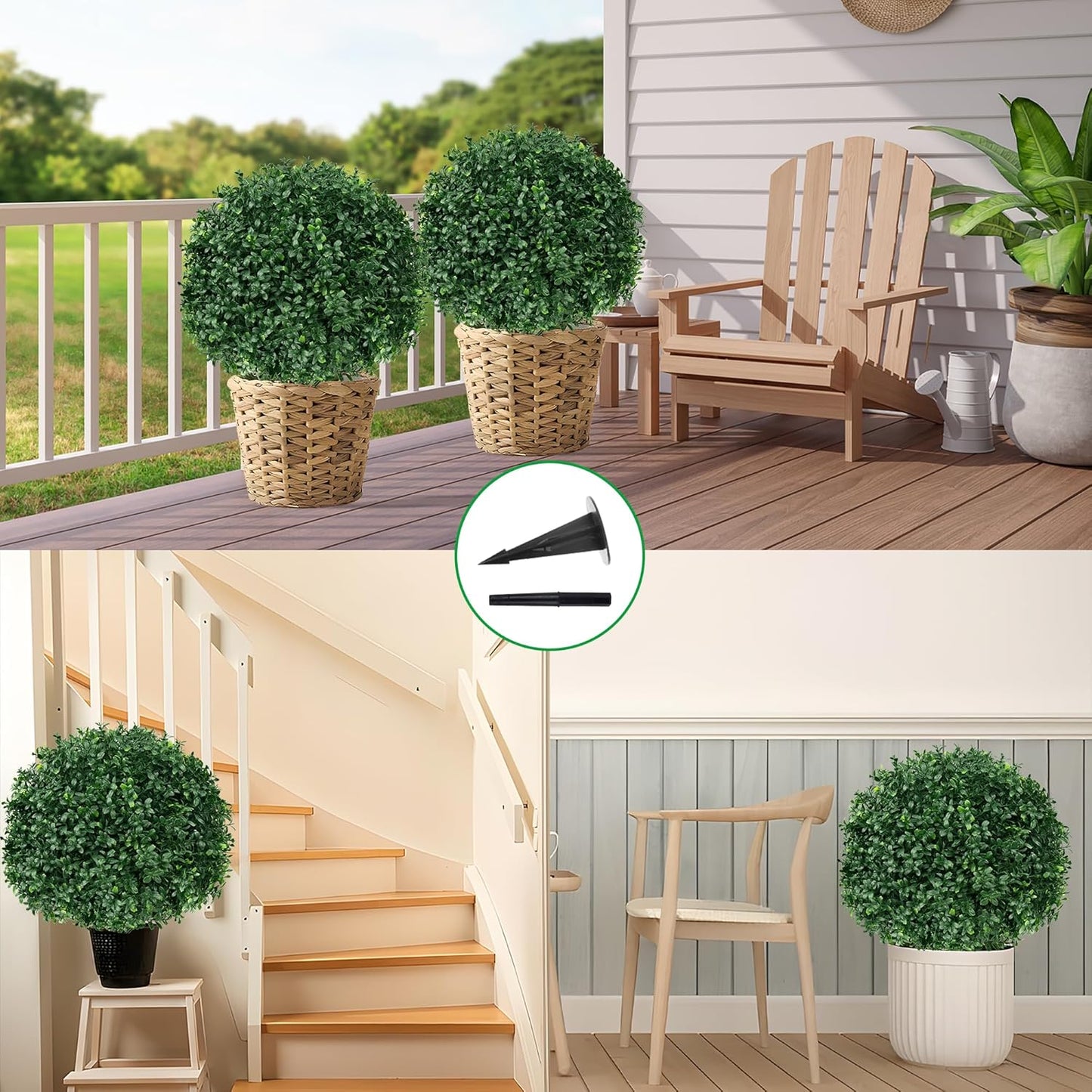 Artificial Boxwood Topiary Ball Tree with Ground Spike, Set of 2 Artificial Shrub Bushes, Fake Evergreen Tree for Porch, Artificial Plants for Outdoor Planters Indoor UV Resistant