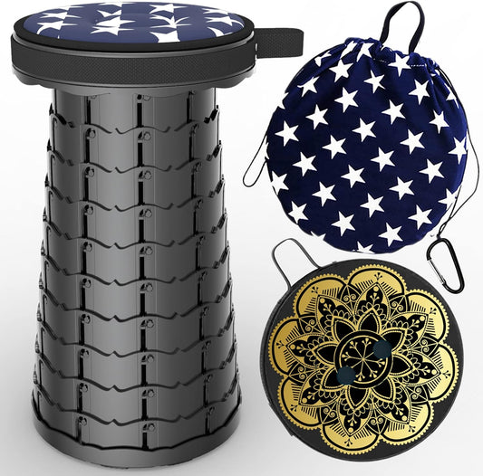 ALEVMOOM Upgraded Telescoping Collapsible Stool with Cushion, Folding Stool with Printing Portable Retractable Foldable Seat Max Load 550lbs for Adults Camping Fishing Outdoor