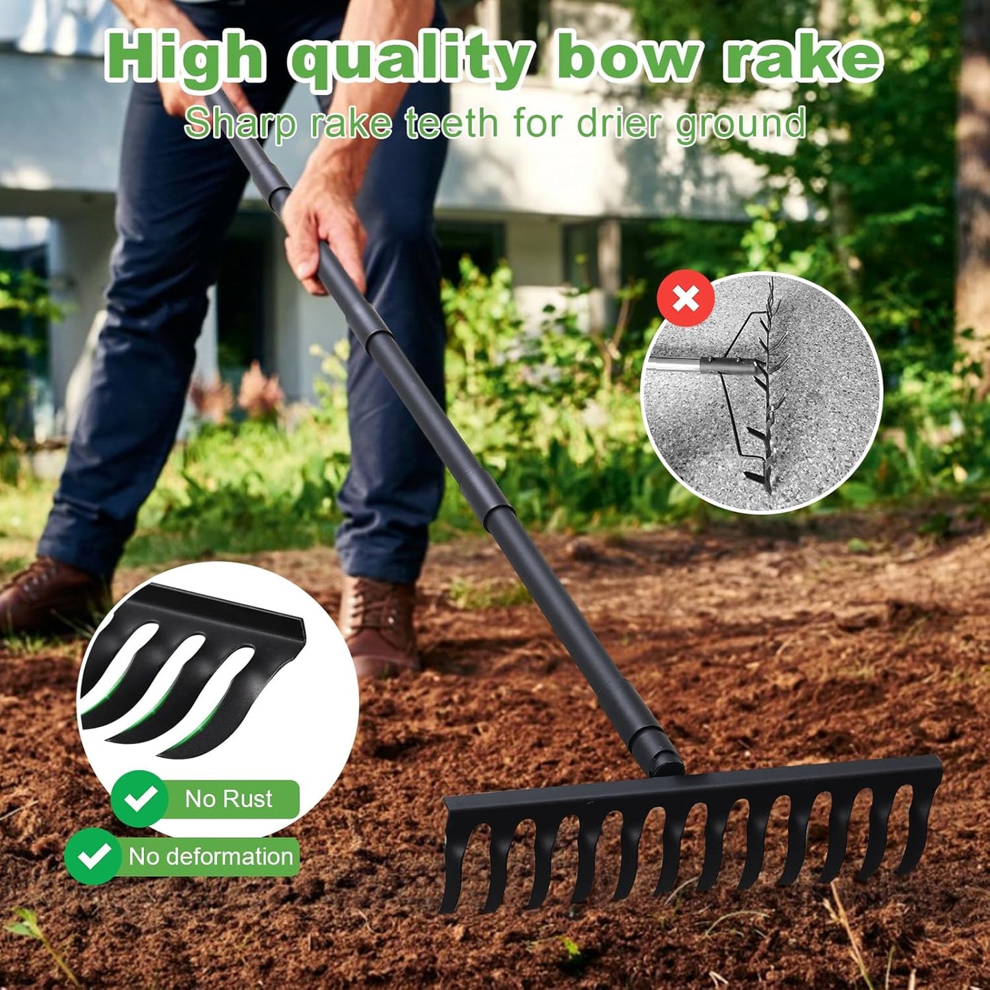 Pragmatist Bow Rake Heavy Duty 60" Metal Head Garden Rake with Adjustable Stainless Steel Handle Garden Tool for Loosening Soil Leveling Mulch Gathering Leaf