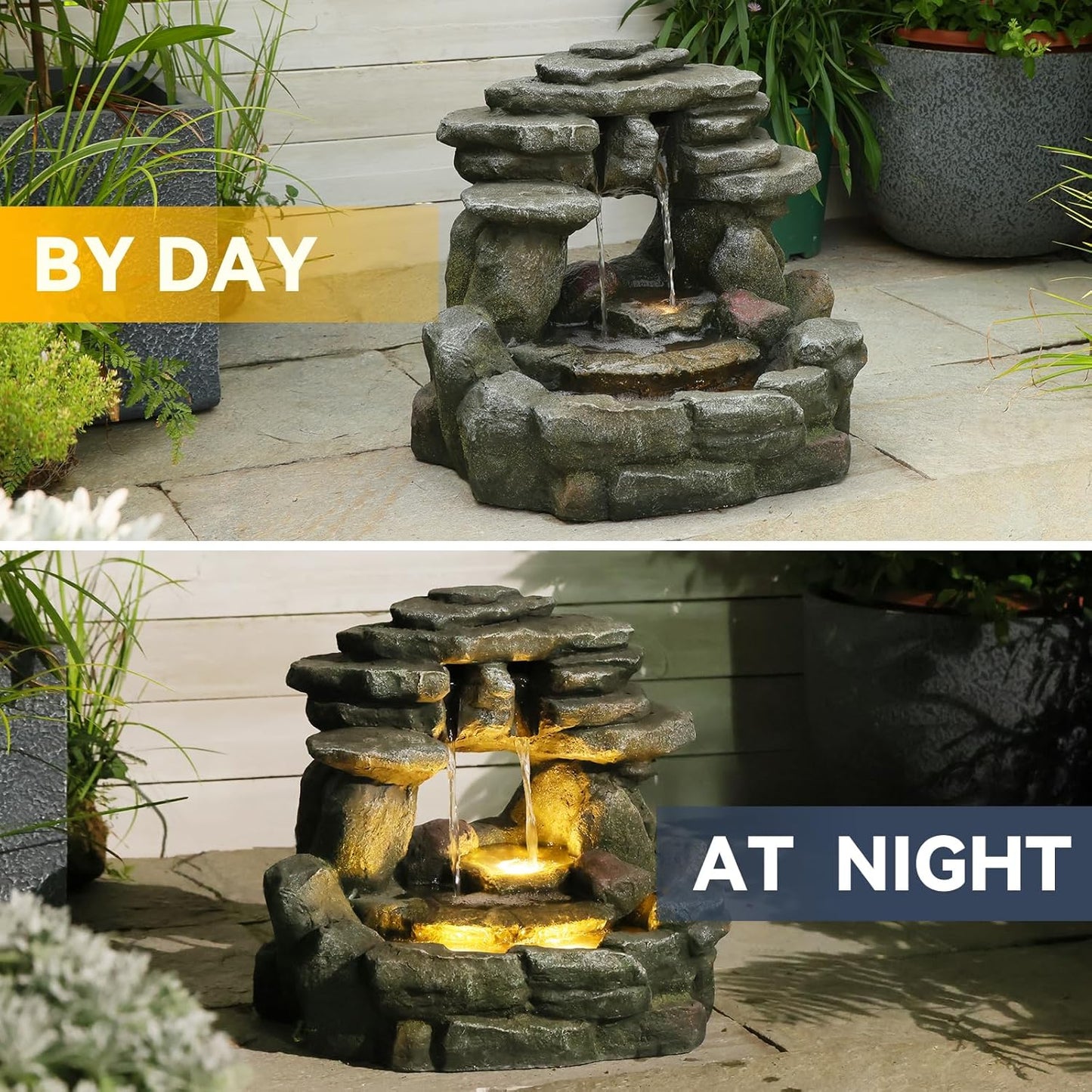 15.6''H Small Rock Water Fountain Outdoor&Indoor, 3-Tier Garden Waterfall with Warm Lights and 2 Flows for Patio, Backyard, Deck, Porch, Home DéCor, Stone Gray