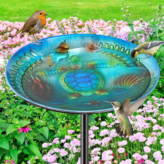 Metal Bird Bath for Outside Feeder Bowl, Detachable Birdbath & Birdfeeder with Base Stake, Vintage Bird Baths for Outdoors Garden Yard Lawn Decor (Blue)