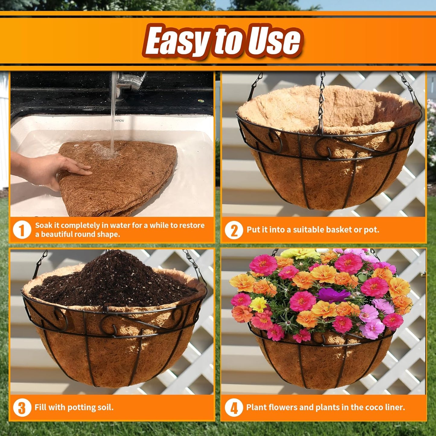 Coco Liners for Planters 16 Inch, 4 Pack Round Hanging Basket Liners, Coconut Fiber Liners for Planters Flowers Garden