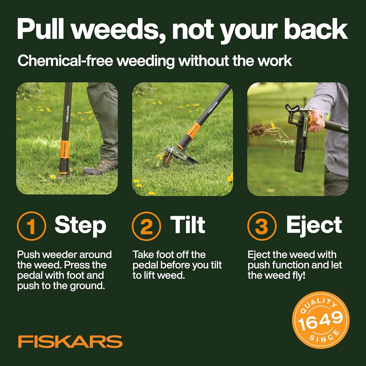 Fiskars 3-Claw Stand Up Weed Puller Tool, Gardening Weeder, Hand Weeding Tool with 39" Long Ergonomic Handle with Easy-Eject Mechanism