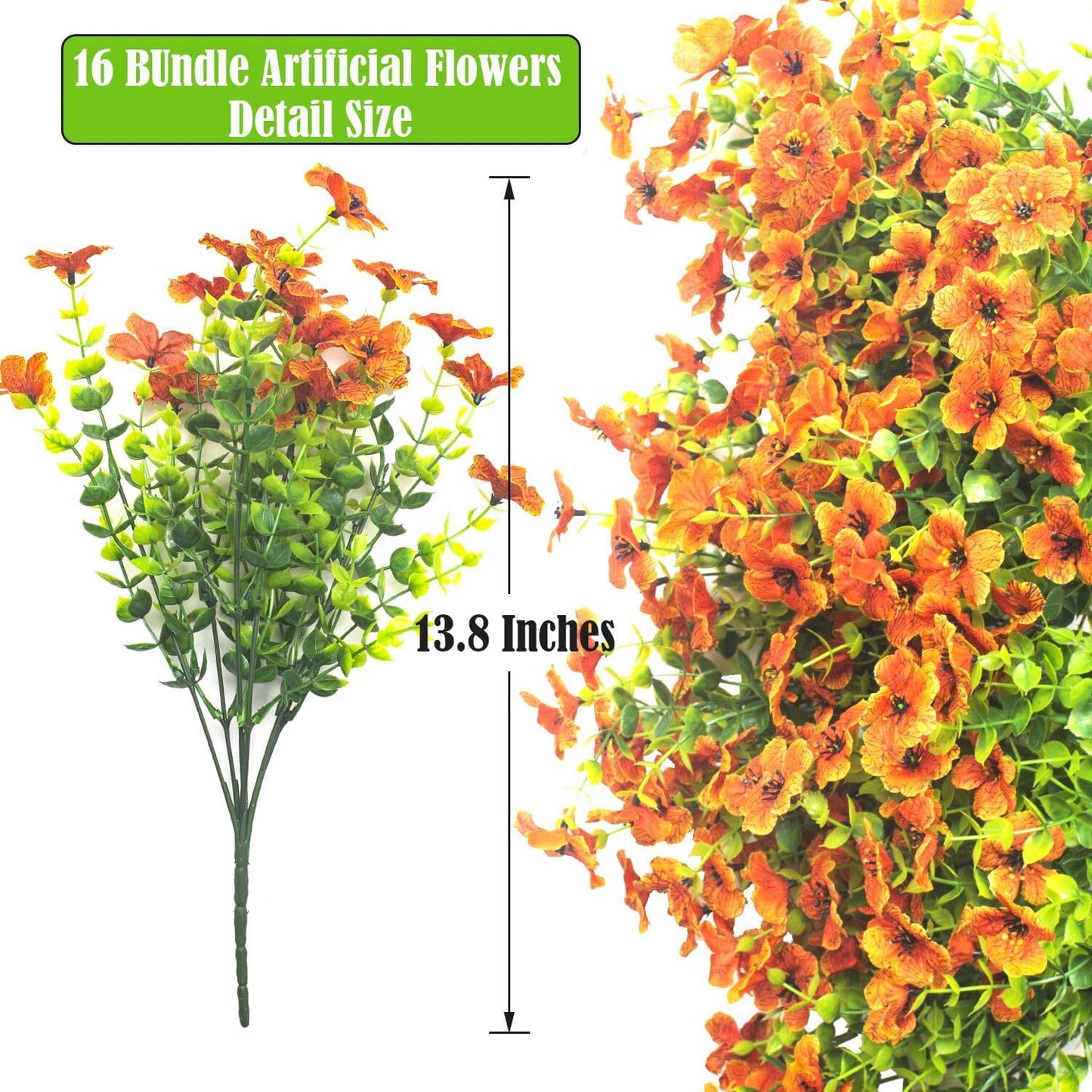 Artificial Fake Flowers for Outdoor Spring Decoration, 16 Bundles Faux Silk Colorful Daisy UV Resistant Realistic for Outside Porch Patio Home Yard Garden Planters Pots Window Box (Orange)