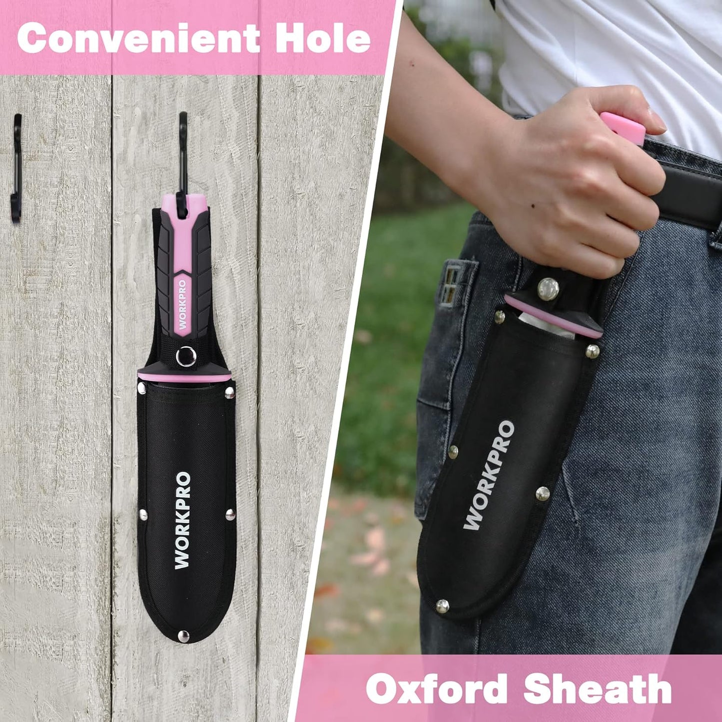 WORKPRO Hori Hori Garden Knife, 7" Stainless Steel Blade with Cutting Edge, Garden Tools with Oxford Sheath, Ergonomic TRP Handle with Hanging Hole for Weeding, Planting, Digging, Pink