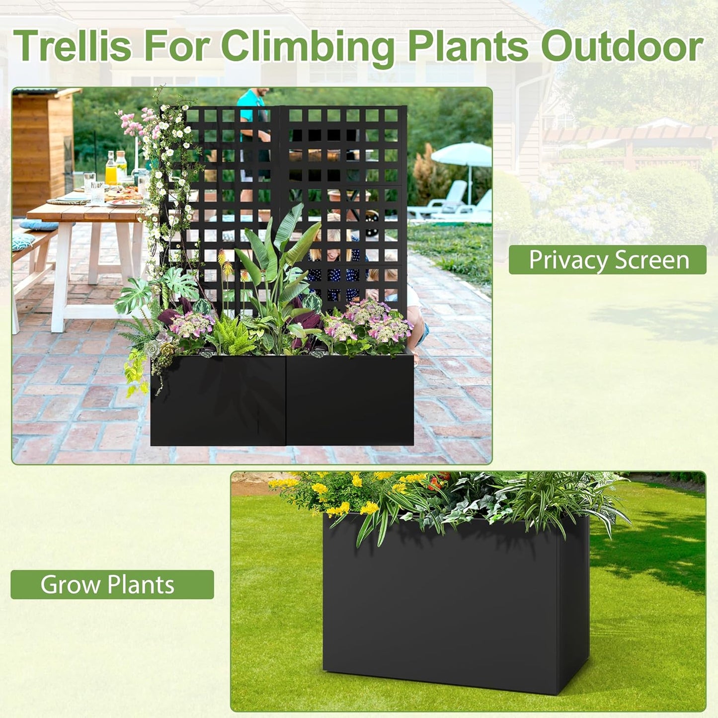 Metal Raised Garden Bed, Trellis Planters Bed with Drainage Holes for Climbing Plants, Vegetables Outdoor Privacy Screen with Planter Box 63"x24"x12", Black