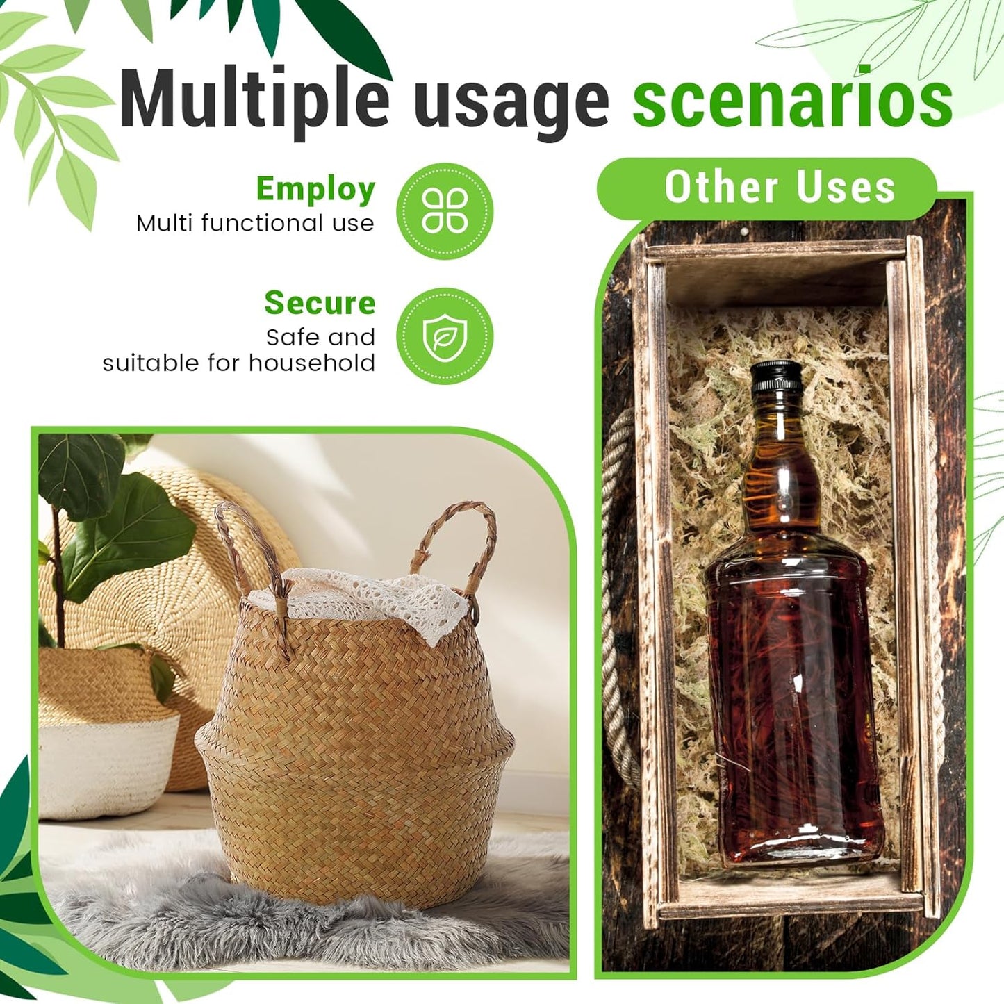 2 Pack Large Wicker Plant Basket with Handle 10 Inch Woven Seagrass Belly Basket and Artificial Moss for Plants Picnic Grocery Laundry House Storage Home Decor (Large)