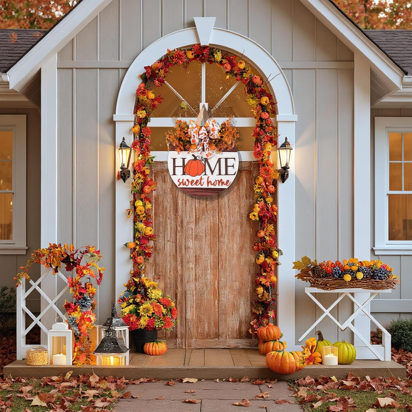 Hello Pumpkin Welcome Wooden Hanging Sign Fall Wreath for Front Door | Fall Autumn Harvest Decor with Bow & Wreath | Farmhouse Rustic Thanksgiving Porch & Wall Plaque | Indoor Outdoor Home Decor