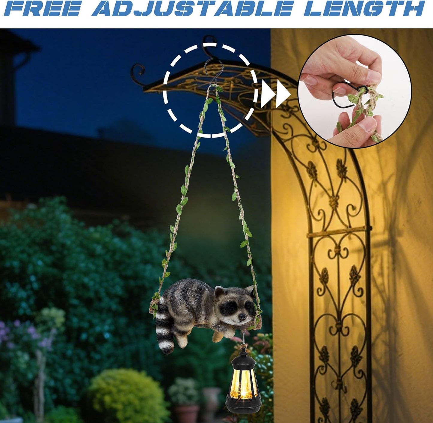 Solar Lighted Garden Outdoor Statue, 20.1" H Hanging Swing Lying with A Sleeping Raccoon and A LED Lantern, Resin Animal Figurine Hanging Ornaments with Hook for Decoration & Gift