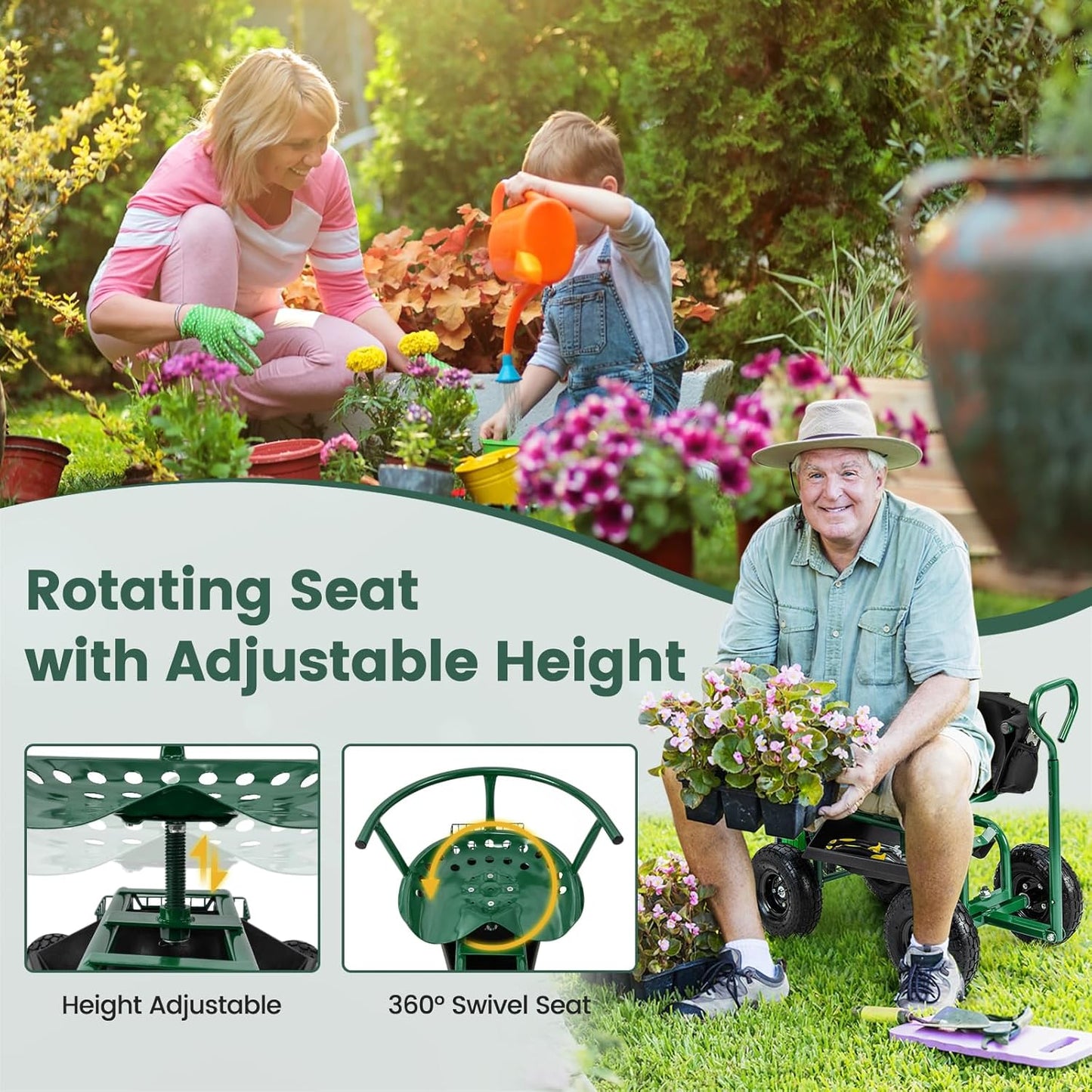 Goplus Garden Seat with Wheels, Rolling Gardening Stool with Adjustable 360° Swivel Seat, Tool Tray & Storage Basket, Extendable Handle, Outdoor Gardening Scooter, Garden Cart Workseat for Seniors