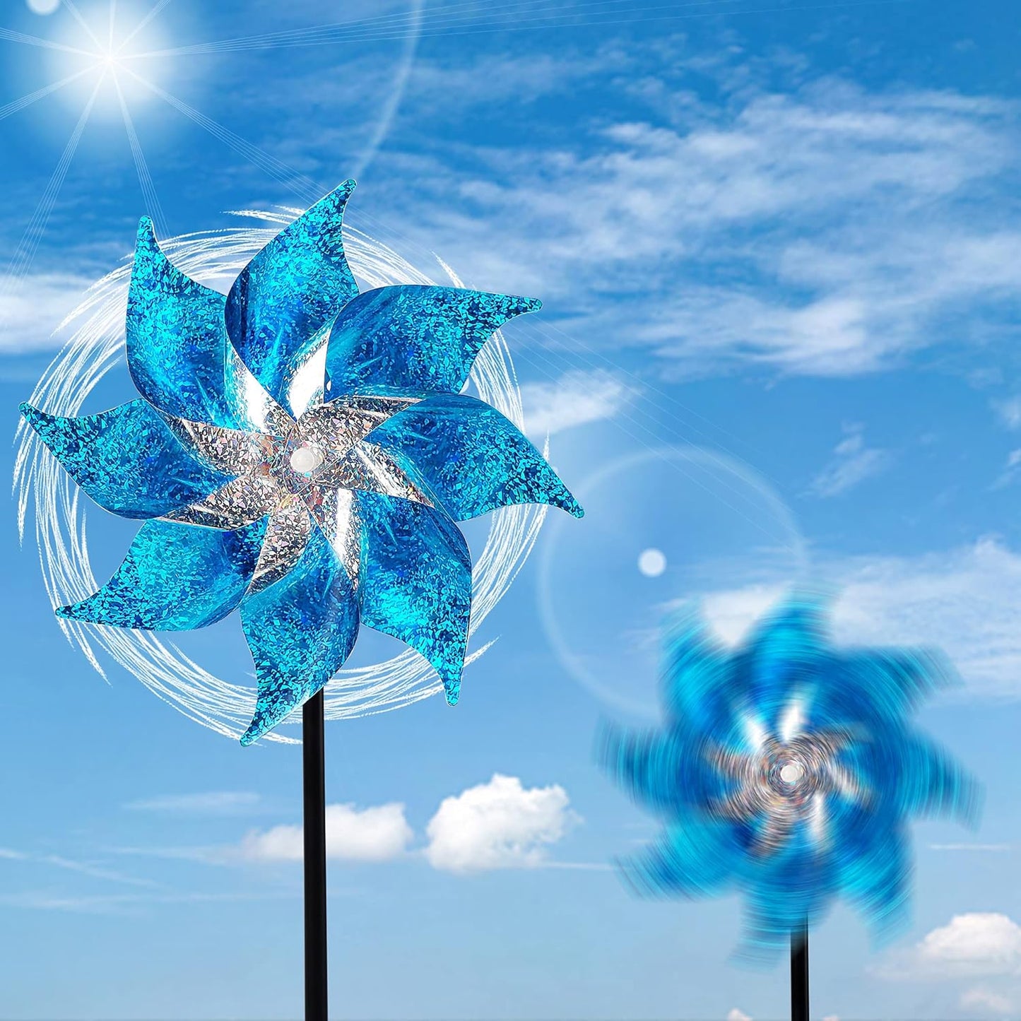 Hausse 10 Pack Reflective Pinwheels with Stakes, Extra Sparkly Pin Wheel for Garden Decor, Bird Repellent Devices Deterrent to Scare Birds Away from Yard Patio Farm, Blue