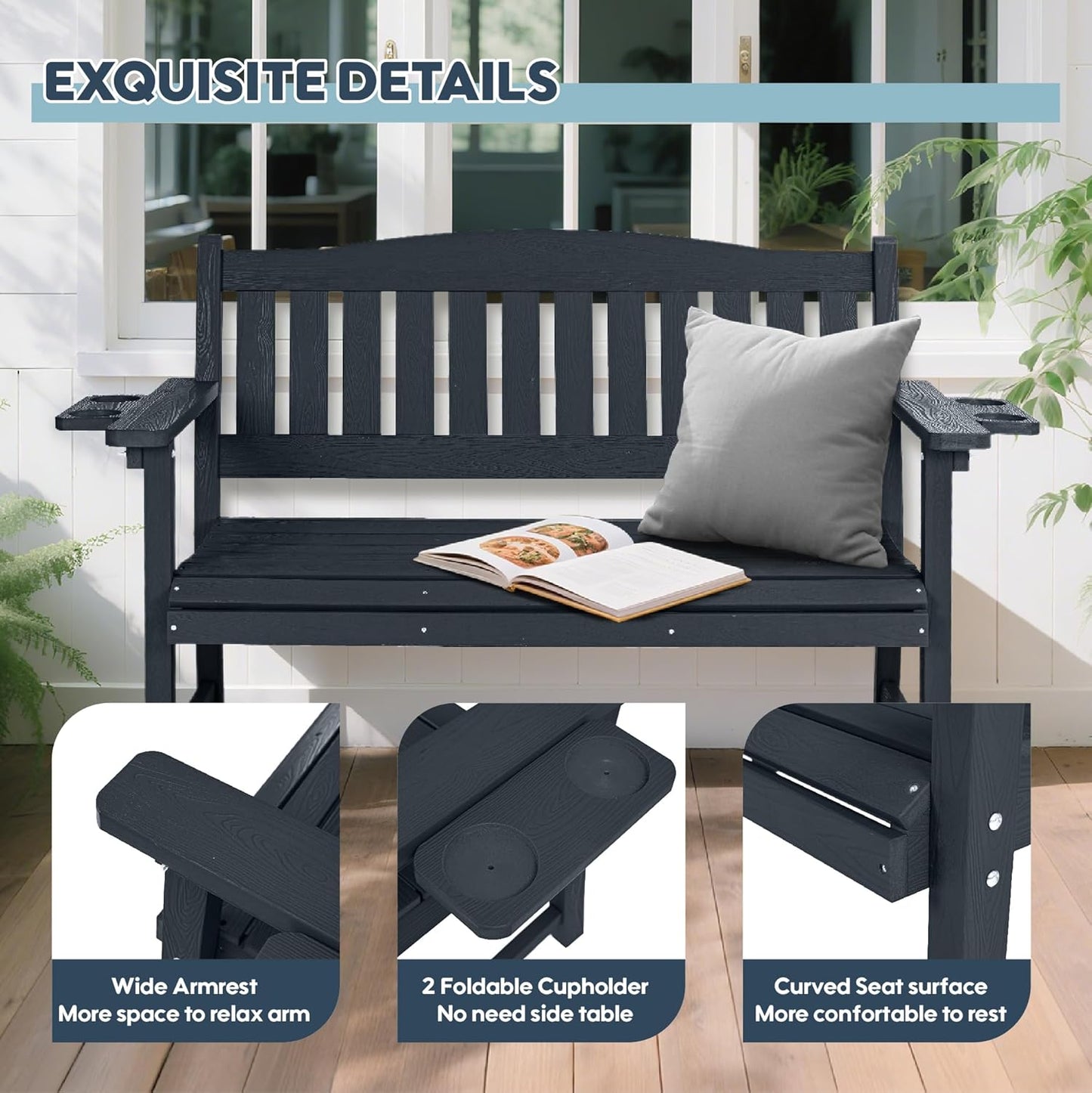 2-Person HIPS Outdoor Bench, Weatherproof Garden Bench with 800 lbs Weight Capacity, Artificial Wood Grains, Never Rot or Fade, Patio Benches for Garden, Porch, Balcony, Backyard,Park, Black