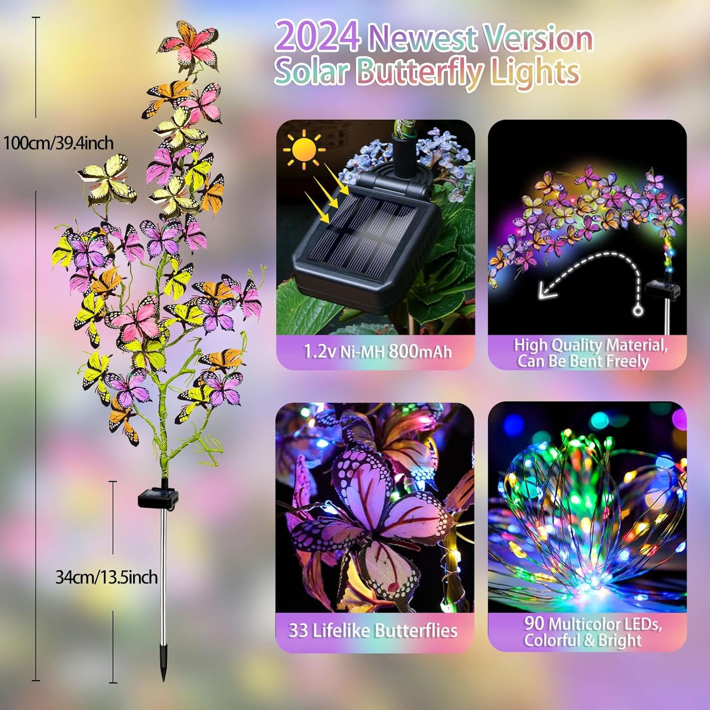 Solar Garden Lights Outdoor, Waterproof Solar Butterfly Lights 4 Pack Willow Vine Light with 80 LED 33 Butterfly Colorful Lighting for Garden Yard Lawn Outdoor Decor, Gift for Mom Women Mother's Day
