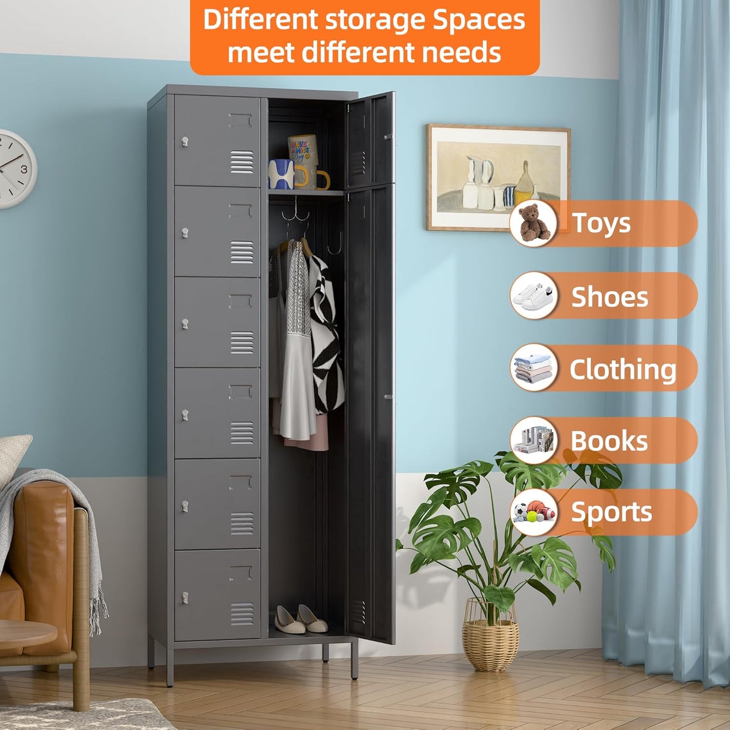 72" H Metal Storage Lockers with Doors and Rod,Industrial Combination Employee Lockers for Office,Home Gym,School,Assembly Required,7+1Doors,Grey