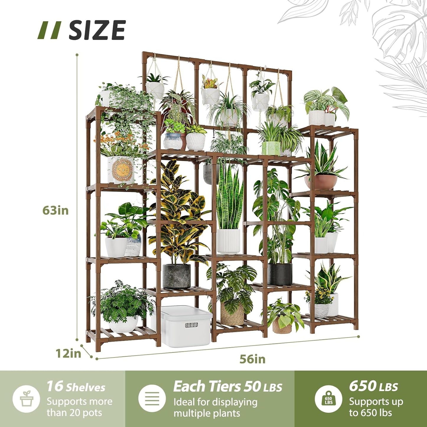 Plant Stand Indoor Outdoor 63" Tall Plant Shelf for Plants 14-Tier Large Plant Sheves for Living Room Heavy Duty Plant Rack Garden Balcony Patio Hanging Planter