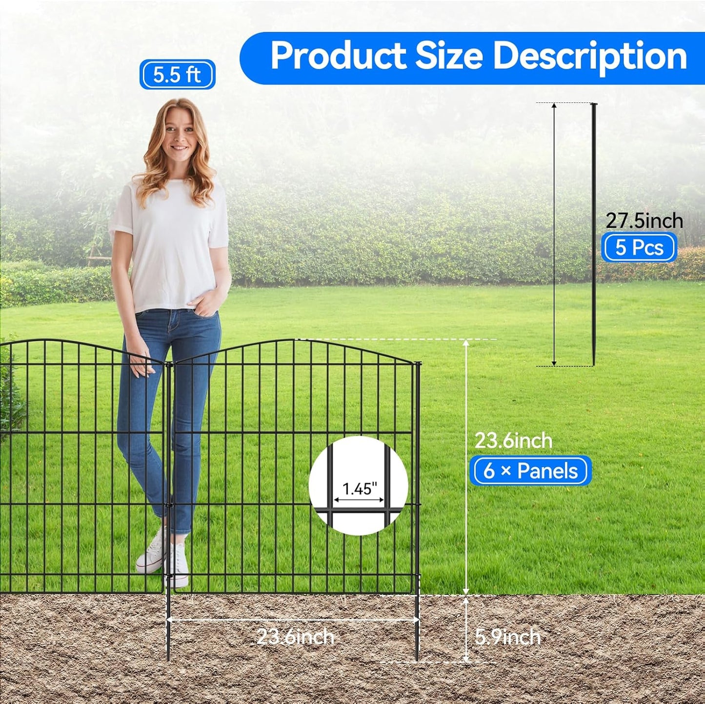 INJOPEXI Garden Fence 6 Panels 11.8ft (L)×24in (H) Decorative Garden Fence with 6 Panels Rustproof Wire No Dig Garden Fences Animal Barrier Fencing for Outdoor Patio Backyard - Without Fence Gate