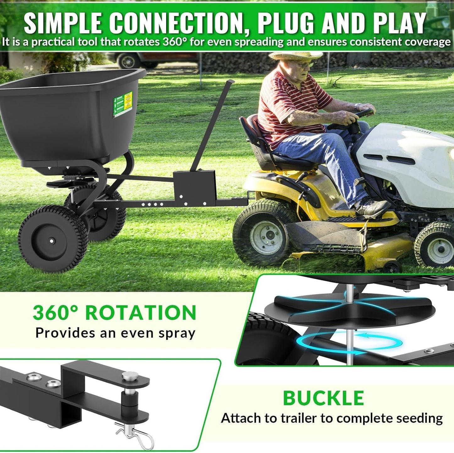 200LB Tow Behind Broadcast Spreader, Fertilizer Spreader Holds up to 550 lbs with 13" Pneumatic Tires and Adjustable Flow Control Lever,for Fertilizer, Grass Seed, Salt, Ice Melt, Lawn