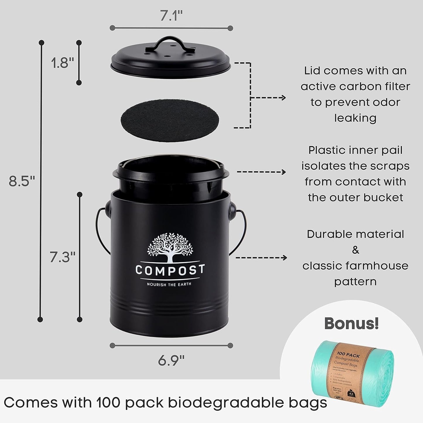 Perfnique Kitchen Compost Bin, 1.3 Gallon Countertop Compost Bin with Lid, Indoor Compost Bucket Includes Inner Bucket Liner and Carbon Filter, Small Compost Bin with Trash Bags (with Bags, Black)