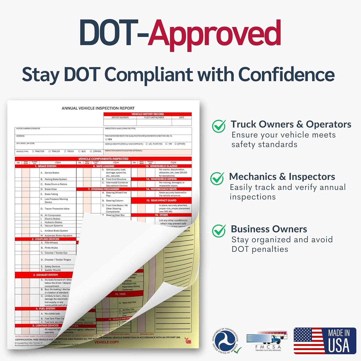 10 Pack 3-Ply Carbonless Annual Vehicle Inspection Report Forms with FMCSA 2-Ply Mylar Laminate Adhesive Vinyl Labels, DOT Inspection Forms and Stickers, Shrink-Wrapped, 8.5" x 11.75" - Made in USA