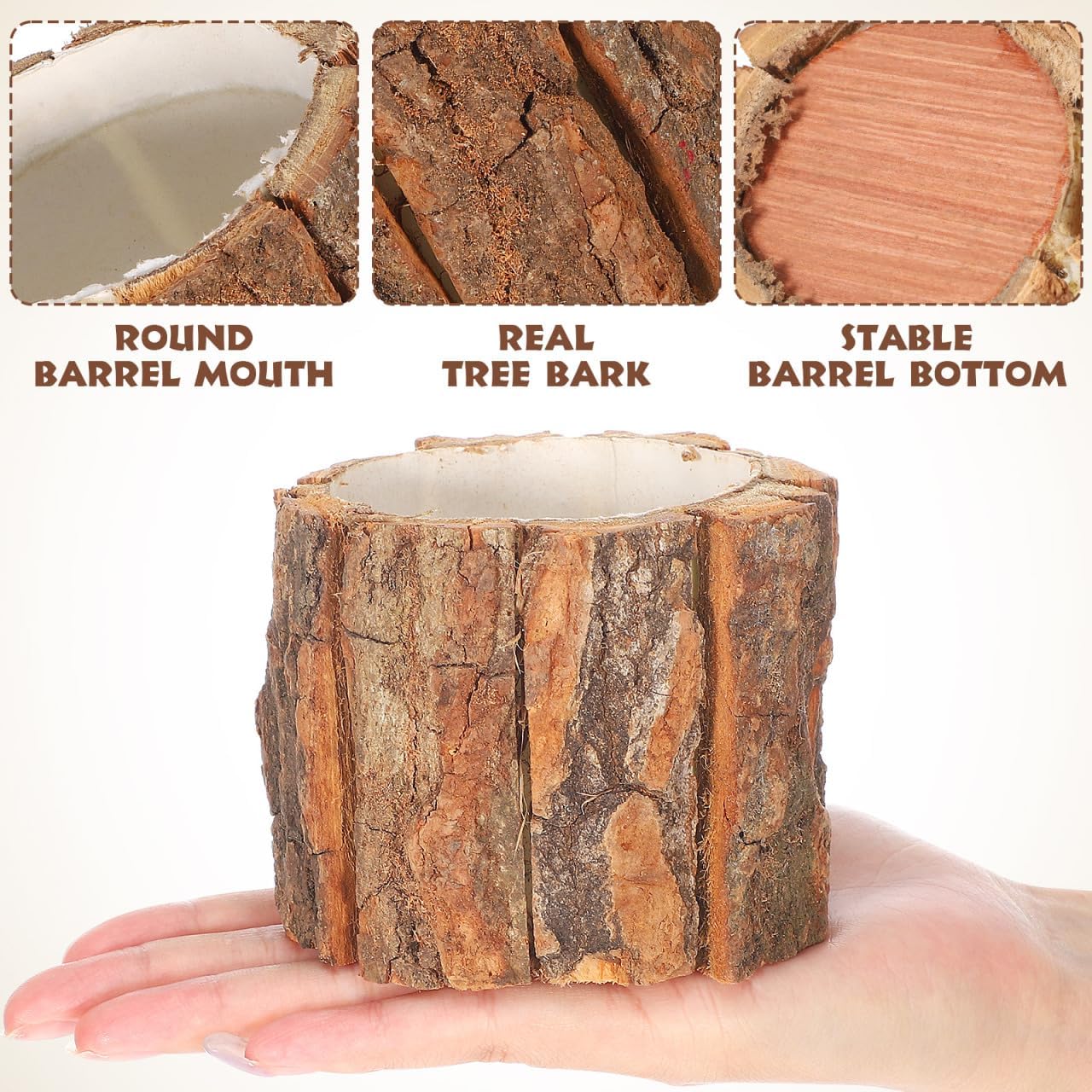 Housoutil 3PCS Wooden Bark Flower Pots, Rustic Farmhouse Planters, Light Brown Log Plant Containers, 3.54x3.54x3.14 Inch, Ideal for Succulents, Cacti, Home and Garden Decor, Weddings, and Holidays