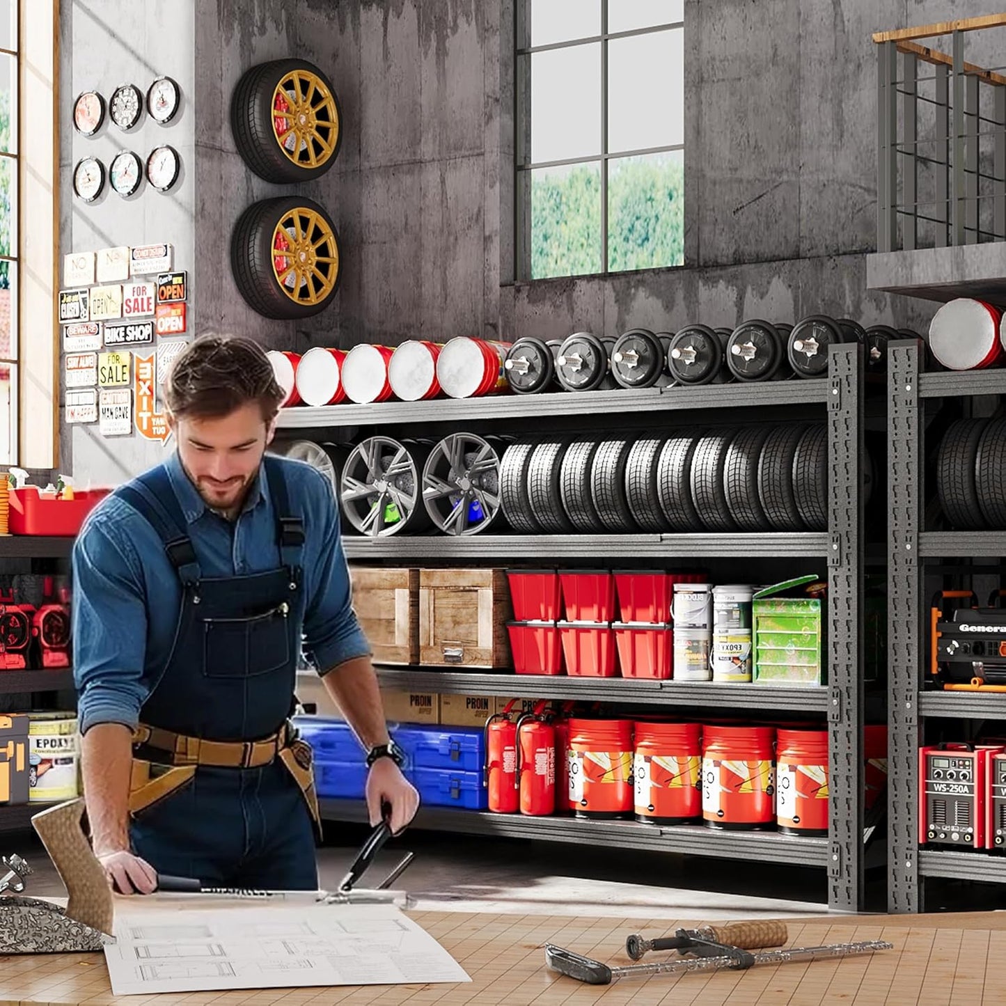 Set of 2 Storage Shelves, 4 Tier Heavy Duty Garage Shelving Units, 48” Wide Rack Shelf, 3000LBS Steel Industrial Shelving, 24” Deep Adjustable Standing Shelf for Warehouse 24" D x 48" W x 70" H Black