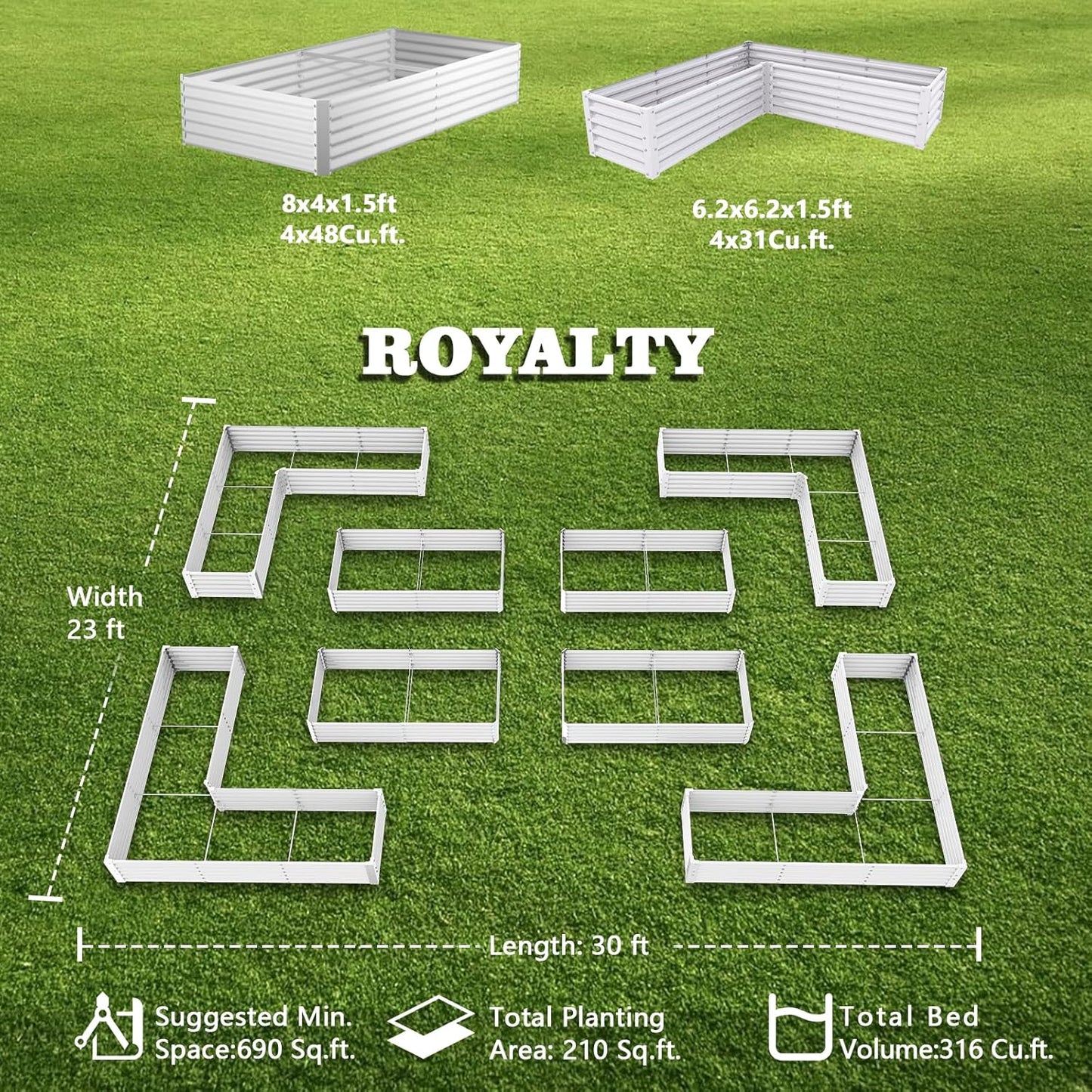 A ANLEOLIFE 8-Pack 8X4X1.5ft & 74x74x18 in Deep Root Galvanized Raised Garden Beds Outdoor for Planting Vegetables Flowers Herb, Antique White