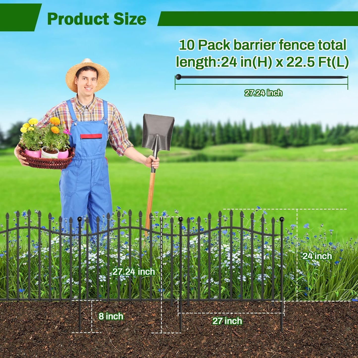 10 Panels No Dig Garden Fence - 24in H x 22.5ft L, Reinforced Square Tube Rustproof Metal Animal Barrier for Dogs & Rabbits, Outdoor Decorative Border Fencing for Yards & Gardens