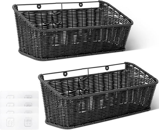 GRANNY SAYS Wicker Hanging Basket, 2 Pack Wall Basket for Kitchen, Fruit and Vegetable Storage Cabinet, Pantry Storage Spice Organization for Cabinet, Adhesive Shelf for Bathroom, Black