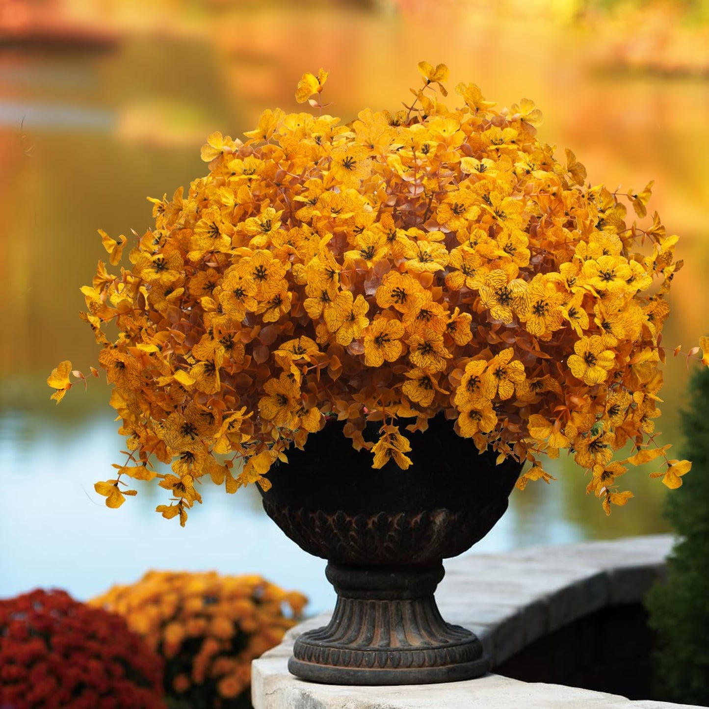 16 Bundles Artificial Fall Mums Outdoor UV Resistant, Fake Silk Plants No Fade Faux Greenery for Garden Porch Patio - Autumn Thanksgiving Christmas Home Decor (Fall Yellow)