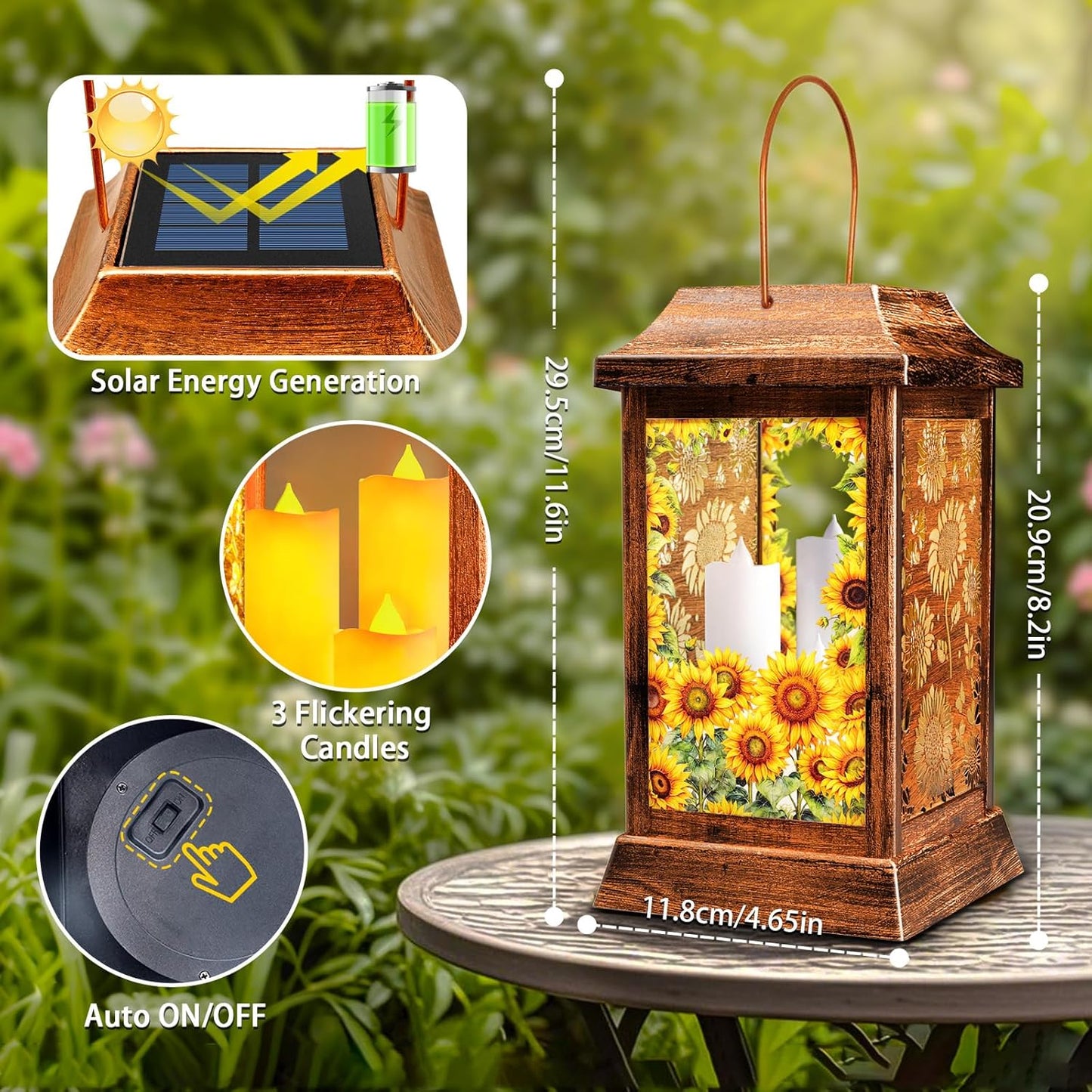 Sunflower Solar Lanterns Outdoor Waterproof, Metal & Glass Hanging Lights Garden Decor, Birthday Gifts for Women Mom Grandma Mothers Day, Decorative Lights for Outside Yard Patio Backyard Porch