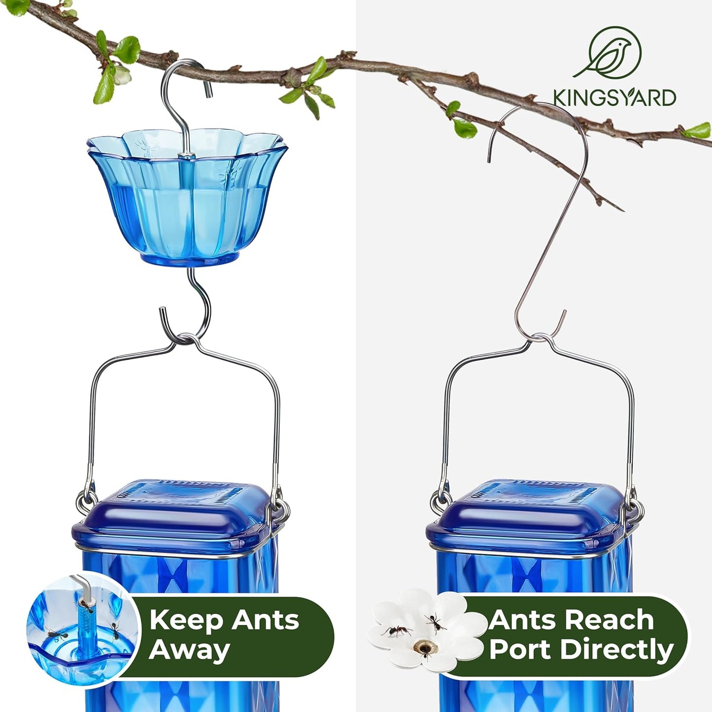 Kingsyard Glass Hummingbird Feeder for Outdoor Hanging, 24 Ounces, 6 Feeding Ports, Bird Nectar Feeder for Garden Décor, Ant Moat Included, Blue