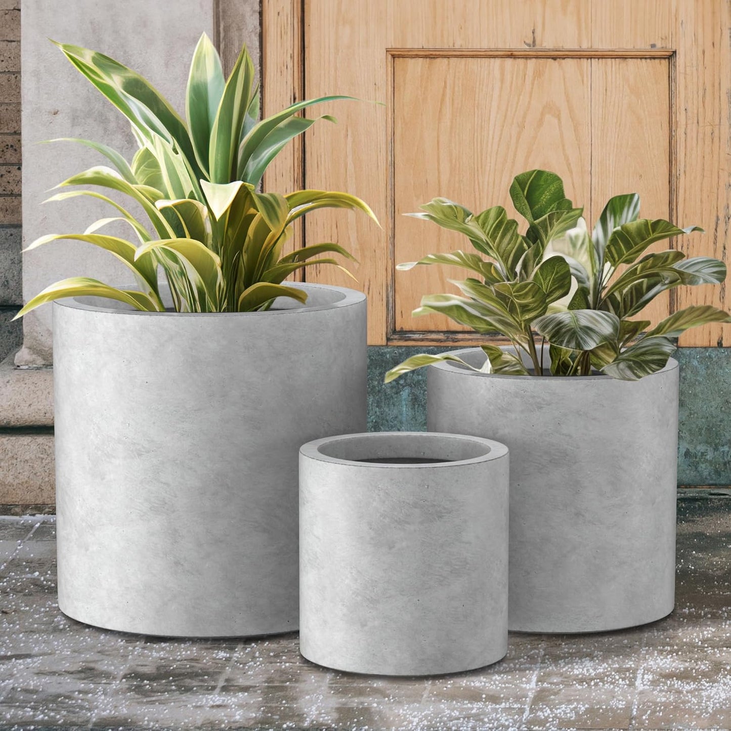 Kante 9.8",12.6",15.7" Dia Round Concrete Planter Set of 3, Modern Style Large Cylindrical Plant Pot with Drainage Hole and Rubber Plug for Indoor Outdoor Patio, Natural Concrete