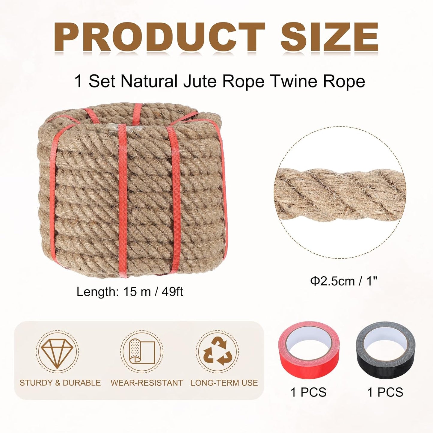 MECCANIXITY Jute Rope 1 Inch x 49ft, Thick Twine Rope Ropes Braided Jute Twine Natural Brown Burlap Cord String Heavy Twisted with Tapes for Decorative Crafts Railing Swing Tug of War