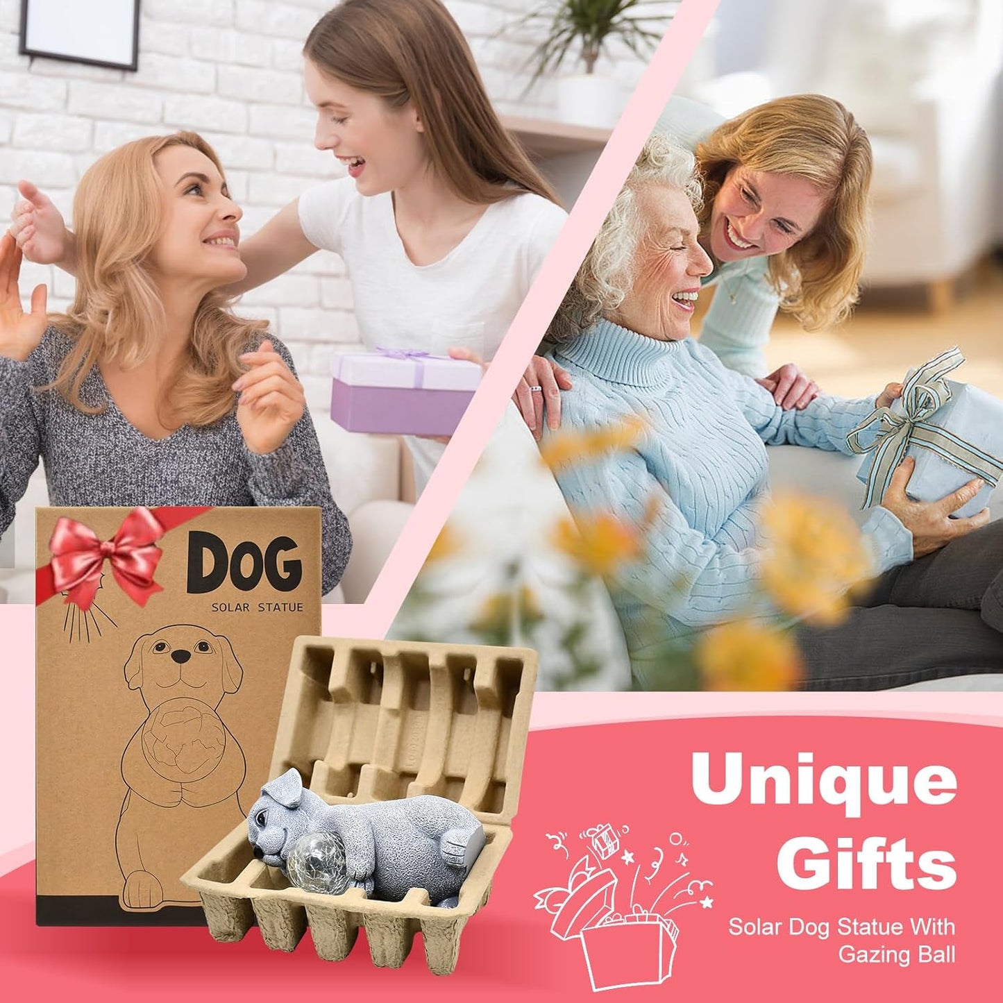 Dog Garden Statues - 8.4 Dog Decor with Gazing Ball LED Lights, Unique Gifts for Mom Grandma Birthdays, Outdoor Decor for Outside Lawn Porch Patio (Gray)