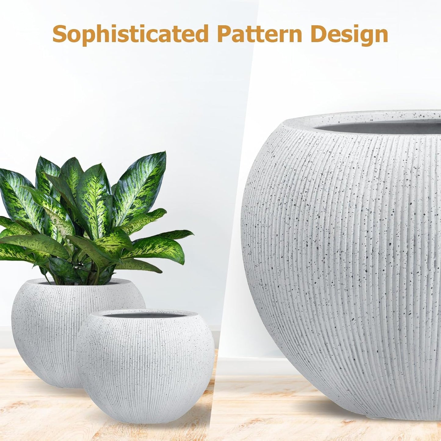 16"H x 20"D Globo Fiberstone Round Planter with Drainage Hole, Weather Resistant, Ribbed Finish, Planters for Indoor Plants & Outdoor, 2 Extra Coco Mats (Speckled White, 13.5" Pot Opening)