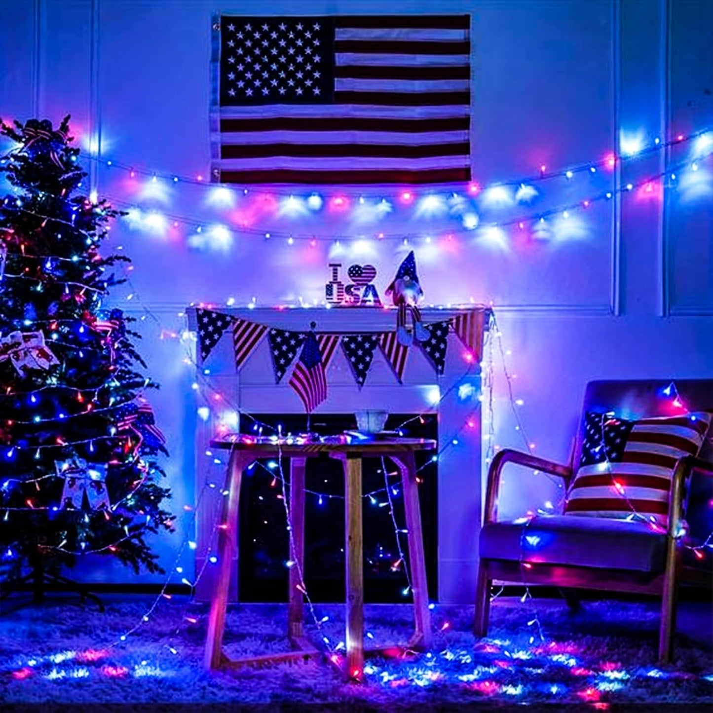 EEW 2 Pack 200 LED Red White and Blue Solar String Lights Outdoor Waterproof, Solar Powered LED Patriotic Lights, Solar Tree Lights for Independence Day Decor 4th of July Memorial Day Decorations