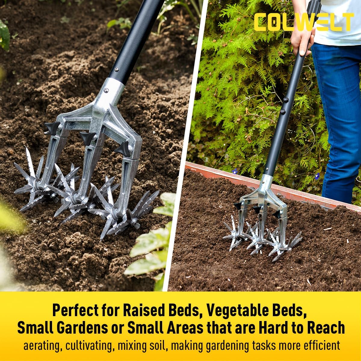 Colwelt Rotary Cultivator Garden Tool 61’’, Hand Tiller Garden Tool with Detachable Aluminum Tines, Cultivators for Gardening Soil or Reseeding Grass, Manual Cultivators & Tillers for Flowers Beds