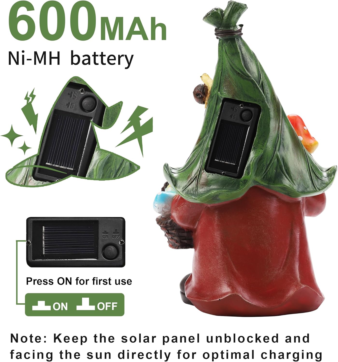 Mushroom-Picking Gnome Solar Garden Statue with 3 LED Lights, Set with 1 Gnome and 2 Small Mushroom, Lovely Garden Gnome Set for Patio, Yard, Lawn Ornament, Outdoor Decor