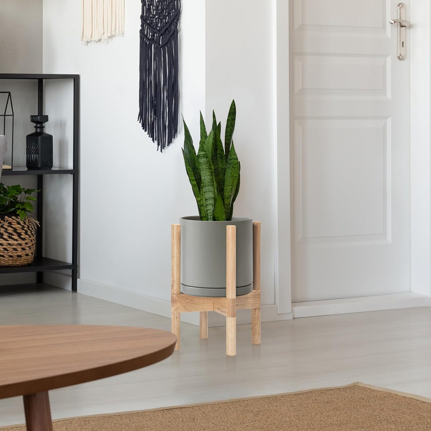 D'vine Dev Ceramic Planter with Natural Stand - 8 Inch Modern Round Flower Pot with Wood Planter Holder, Grey, 55-B-N-3