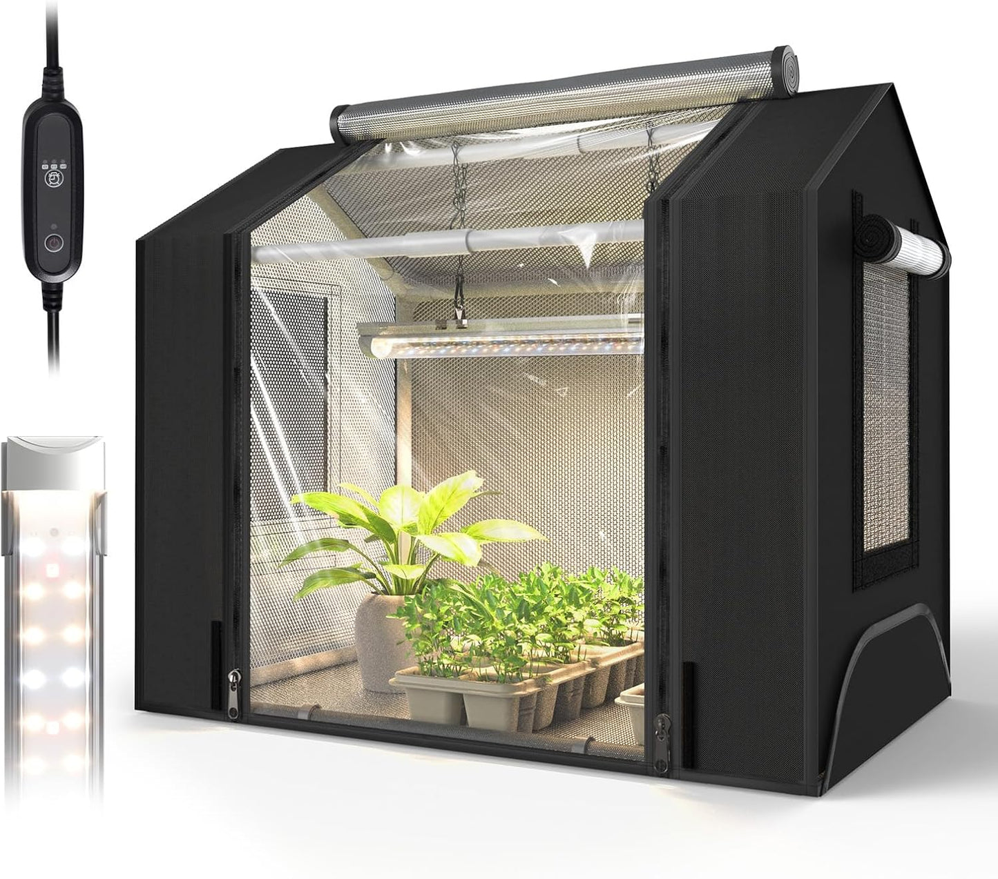 Indoor Greenhouse with Grow Light, Mini Grow Tent with Oxford Fabric, Waterproof Base Mat&Ventilation Window for Seed Starting&Plant Growth, 18W Grow Light with Timer, 23.8"x15.7"x20.5"