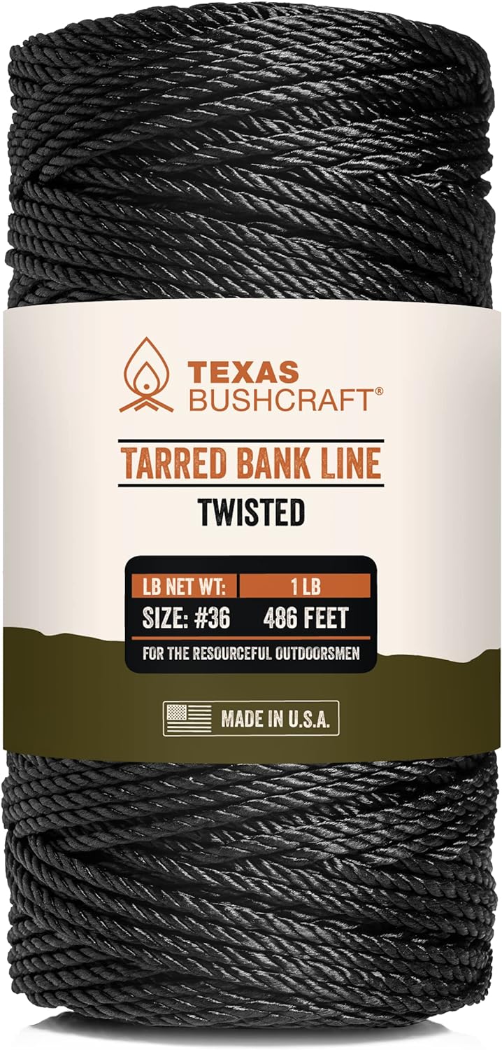 Texas Bushcraft Tarred Bank Line Twine - #36 Black Nylon String for Fishing, Camping and Outdoor Survival – Strong, Weather Resistant Bankline Cordage for Trotline