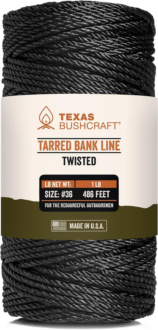 Texas Bushcraft Tarred Bank Line Twine - #36 Black Nylon String for Fishing, Camping and Outdoor Survival – Strong, Weather Resistant Bankline Cordage for Trotline