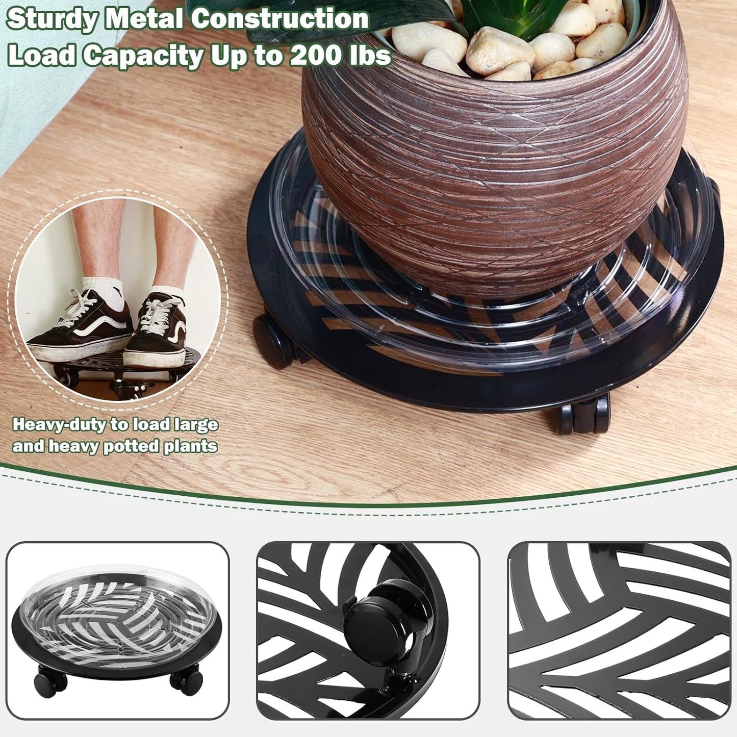 2 Packs Large Metal Plant Caddy with PU Wheels 12" Heavy-Duty Wrought Iron Rolling Plant Stands Indoor Outdoor Wheeled Plant Dolly Planter Mover Rollers Plant, Leaf Style