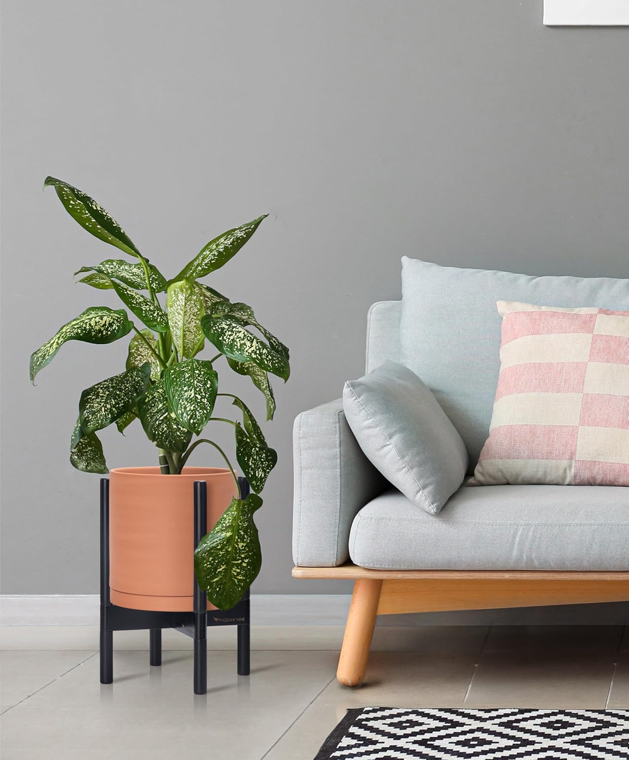 D'vine Dev Terracotta Planter with Ebony Stand - 10 Inch Modern Round Flower Pot with Wood Planter Holder, Terracotta, 55-B-L-5