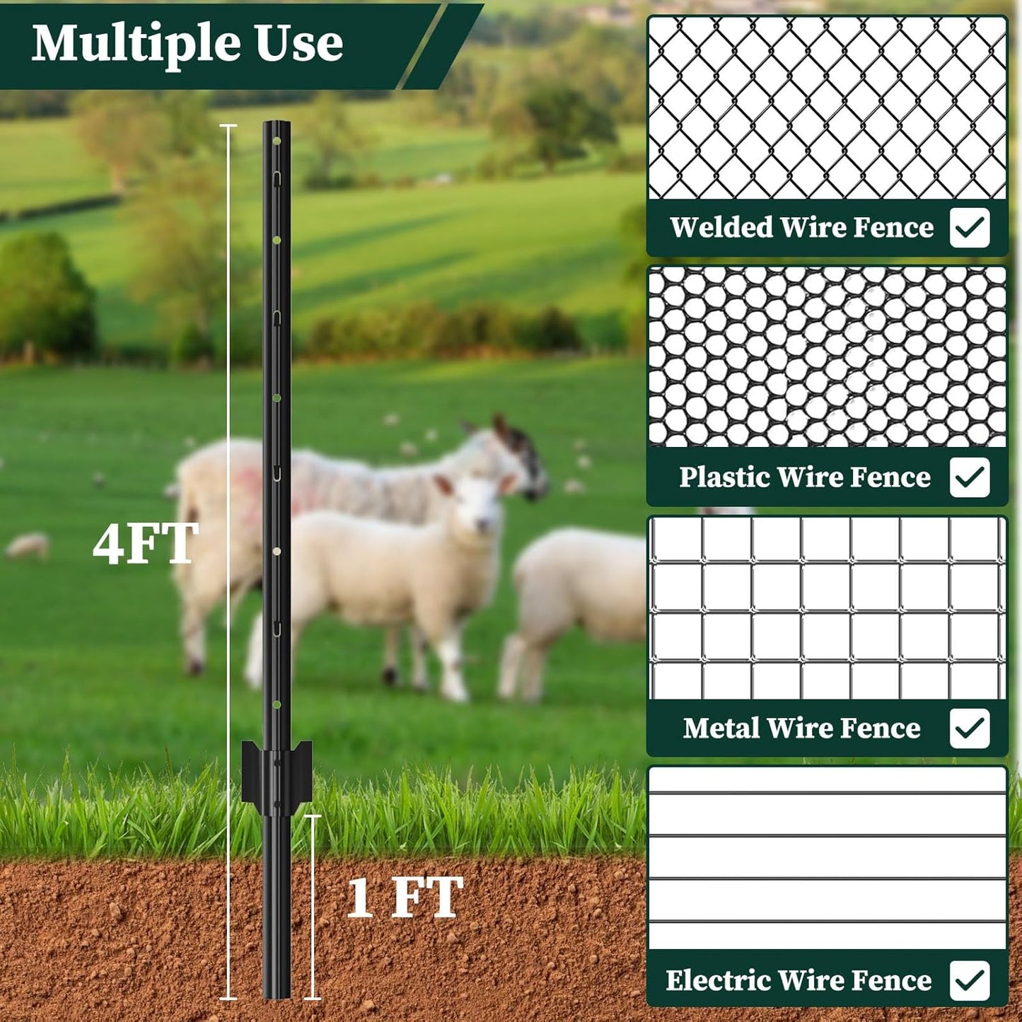 20 Pack Garden Fence Post, 4 Feet Heavy Duty Metal U-Post for Wire Fence, No Dig Garden Fence Stakes for Temporary Fencing, Electric Fence Wire, Corner Anchor, and More-Black