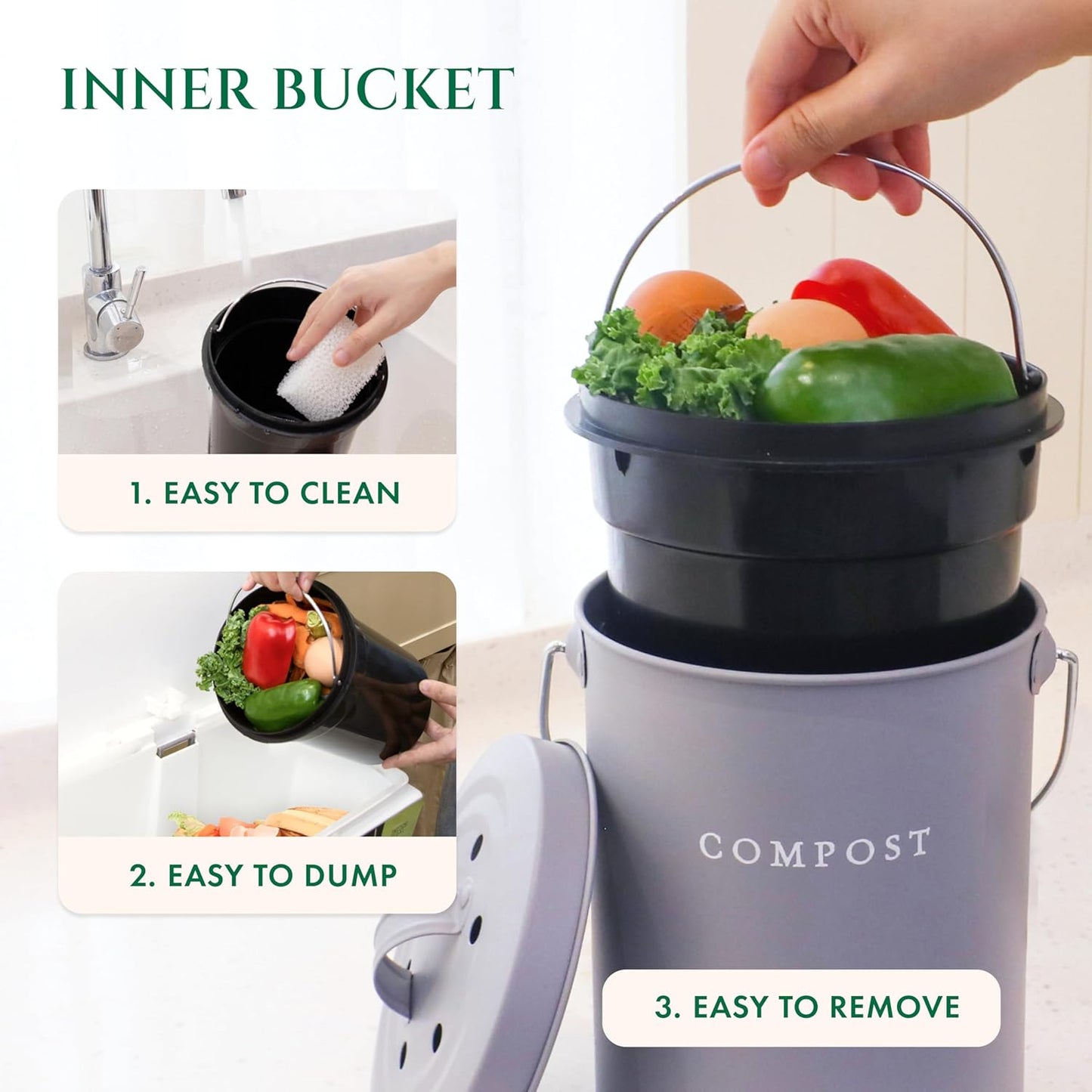 FINESSY Indoor Compost Bin Kitchen Odorless with Lid for Composting Food Waste Bucket for Counters, Stainless Steel Kitchen Compost Bin Countertop Trash Can, Indoor Food Composter Recycler Container
