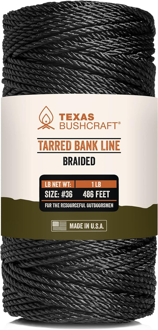Texas Bushcraft Tarred Bank Line Twine - #36 Black Nylon String for Fishing, Camping and Outdoor Survival – Strong, Weather Resistant Bankline Cordage for Trotline