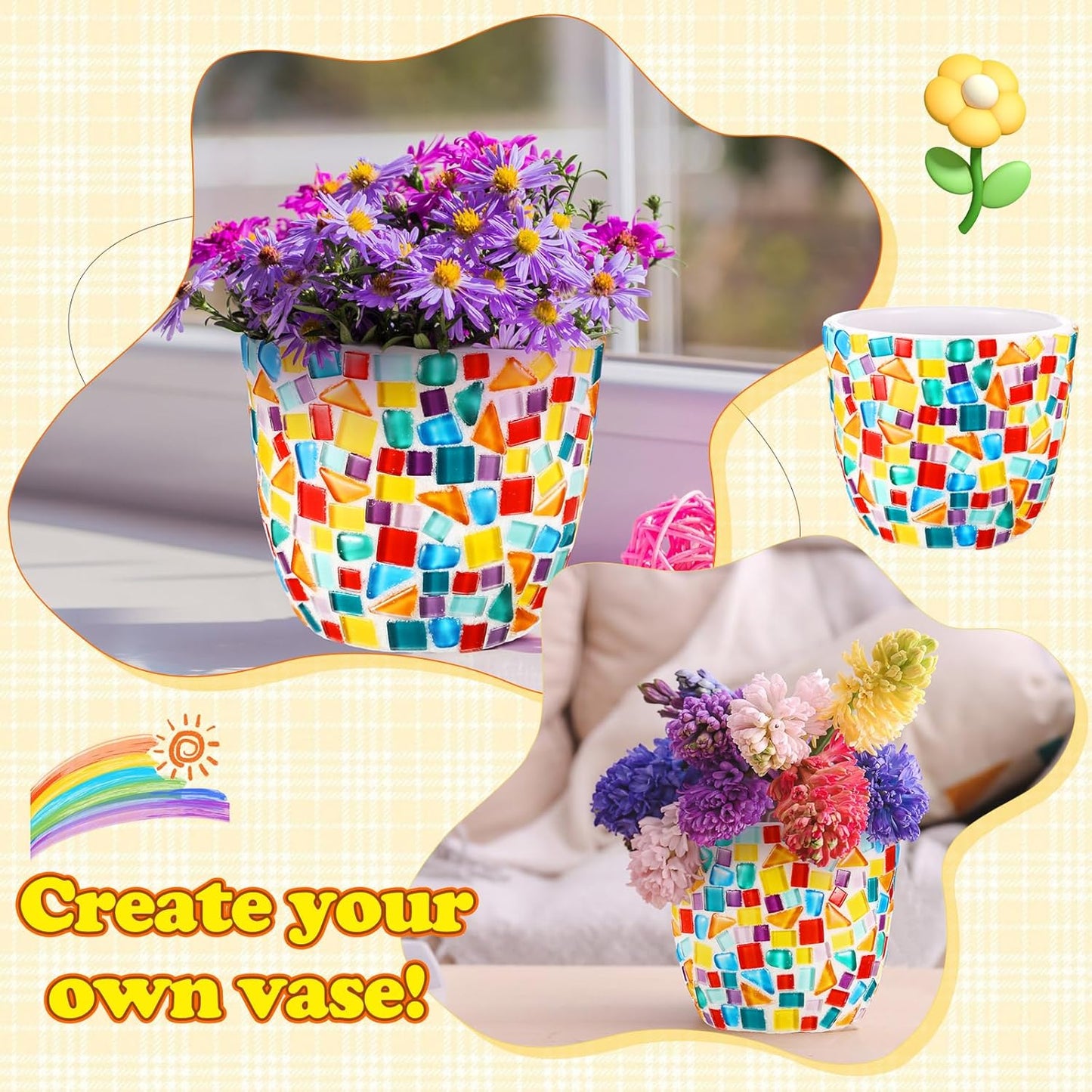 Tioncy 2 Set DIY Vase Mosaic Kit for Adults Gift, DIY Arts and Craft Kits with Vase Flower Mosaic Accessories Art Kit for Room Decor Craft Lovers Handmade, Home Decor Gifts(Multicolored)
