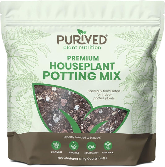 Purived Premium Houseplant Potting Mix | 4 Quarts | Ideal Soil Drainage & Moisture Retention for Indoor Potted Plants | with Kelp, Biochar, Lava Rock & Humic Acid | Made in USA